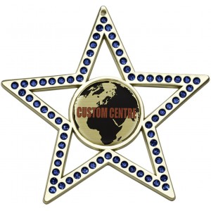 COPPER 75MM - BLUE STAR GEMSTONE CUSTOM VINYL DOMED MEDAL **SPARKLE**